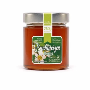 Buchweizenhonig 250g Glas mit grünem Etikett auf weißem Grund