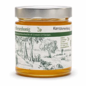 Kornblumenhonig 500 g – Honigglas vor weißem Hintergrund